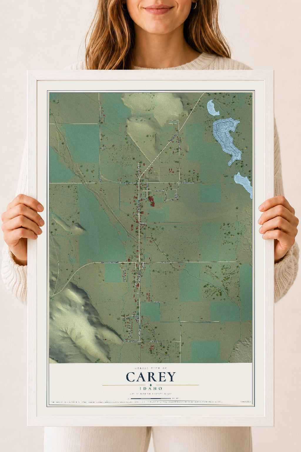 Map of Carey, Idaho, 18 x 24 inch print in a white wood frame