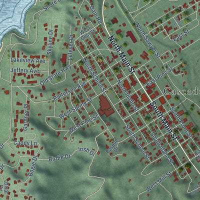 Close-up of the map of Cascade, Idaho print showing street and building detail