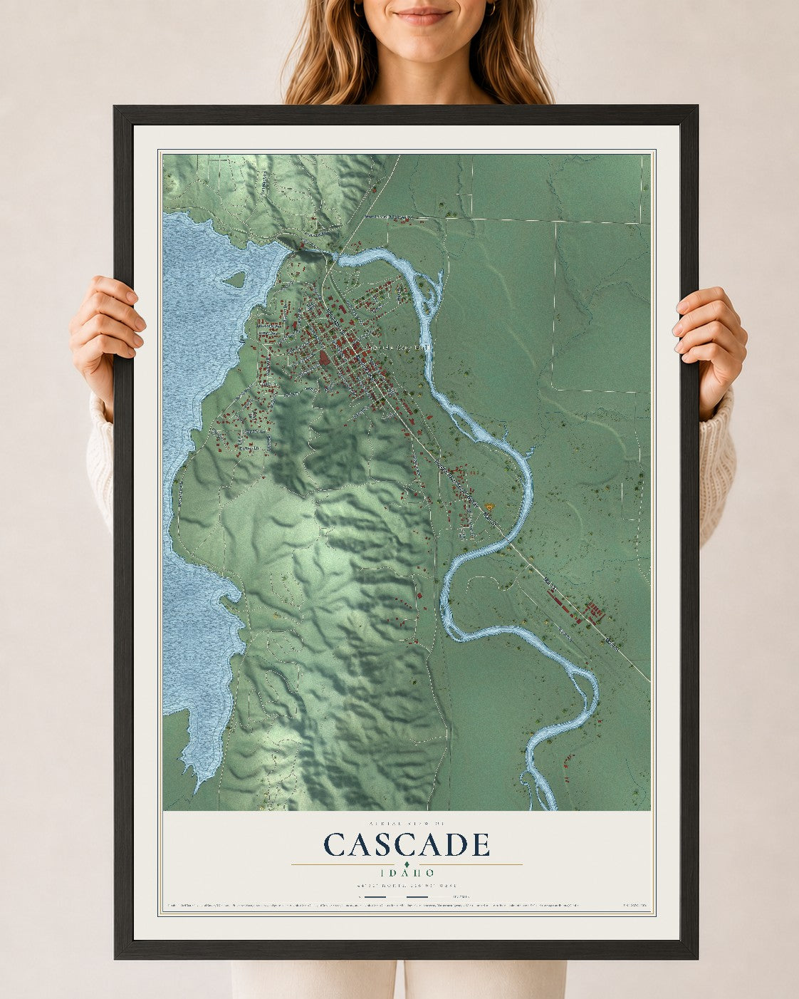 Map of Cascade, Idaho, 24 x 36 inch print in a black wood frame