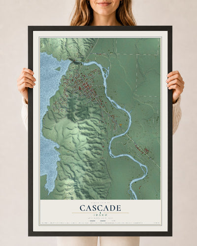 Map of Cascade, Idaho, 24 x 36 inch print in a black wood frame