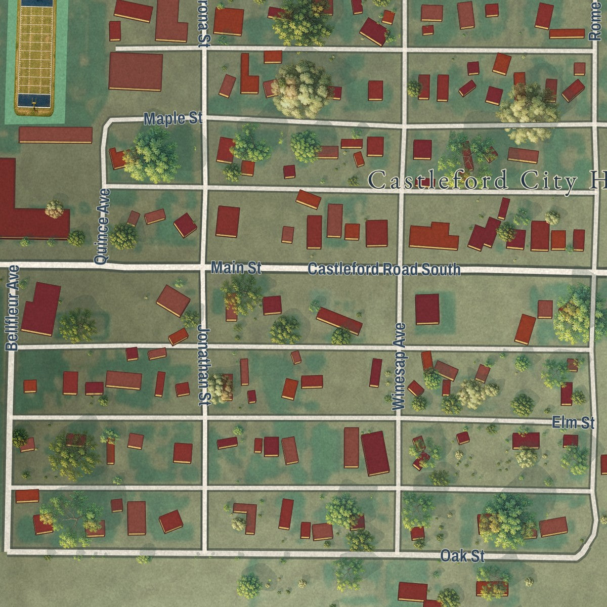 Close-up of the map of Castleford, Idaho print showing street and building detail