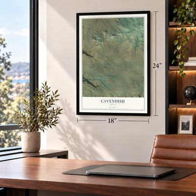 Cavendish, Idaho map, 18 x 24 inch print in a black frame in a home office