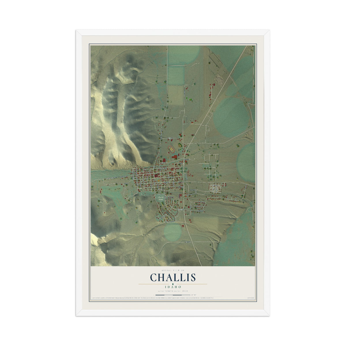 Map of Challis, Idaho, 12 x 18 inch print in a white wood frame