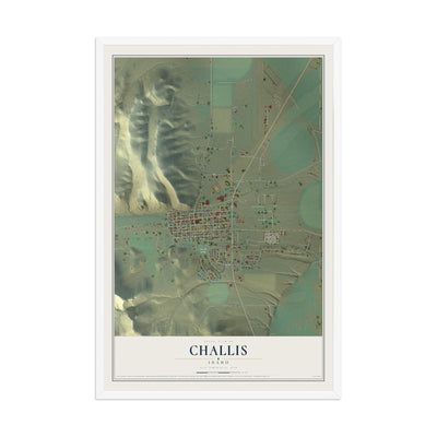 Map of Challis, Idaho, 12 x 18 inch print in a white wood frame
