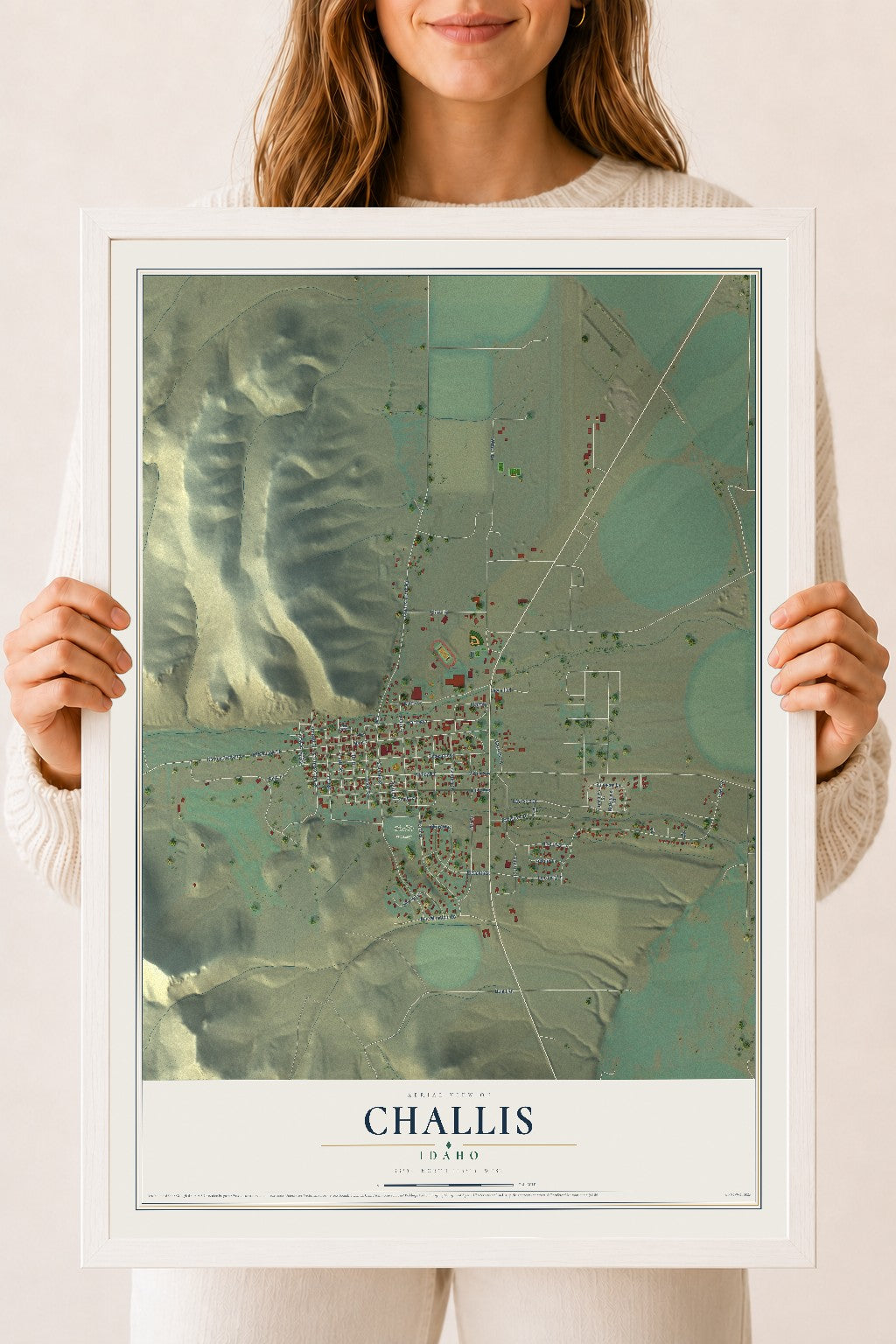 Map of Challis, Idaho, 18 x 24 inch print in a white wood frame