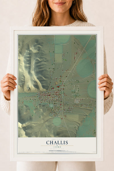 Map of Challis, Idaho, 18 x 24 inch print in a white wood frame