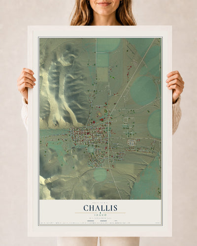 Map of Challis, Idaho, 24 x 36 inch print in a white wood frame
