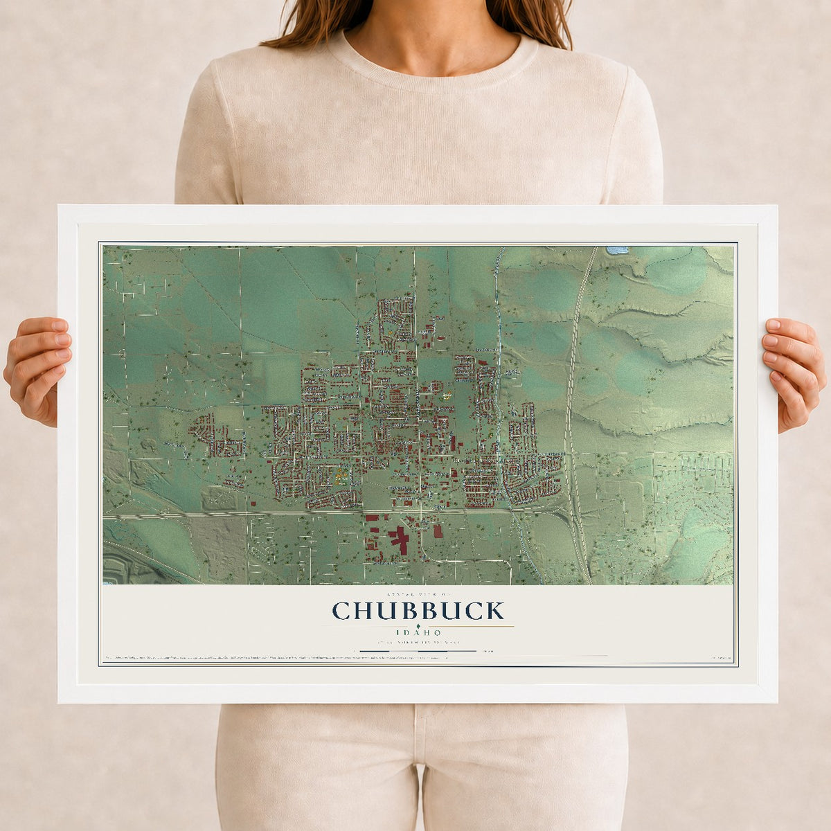 Map of Chubbuck, Idaho, 12 x 18 inch print in a white wood frame