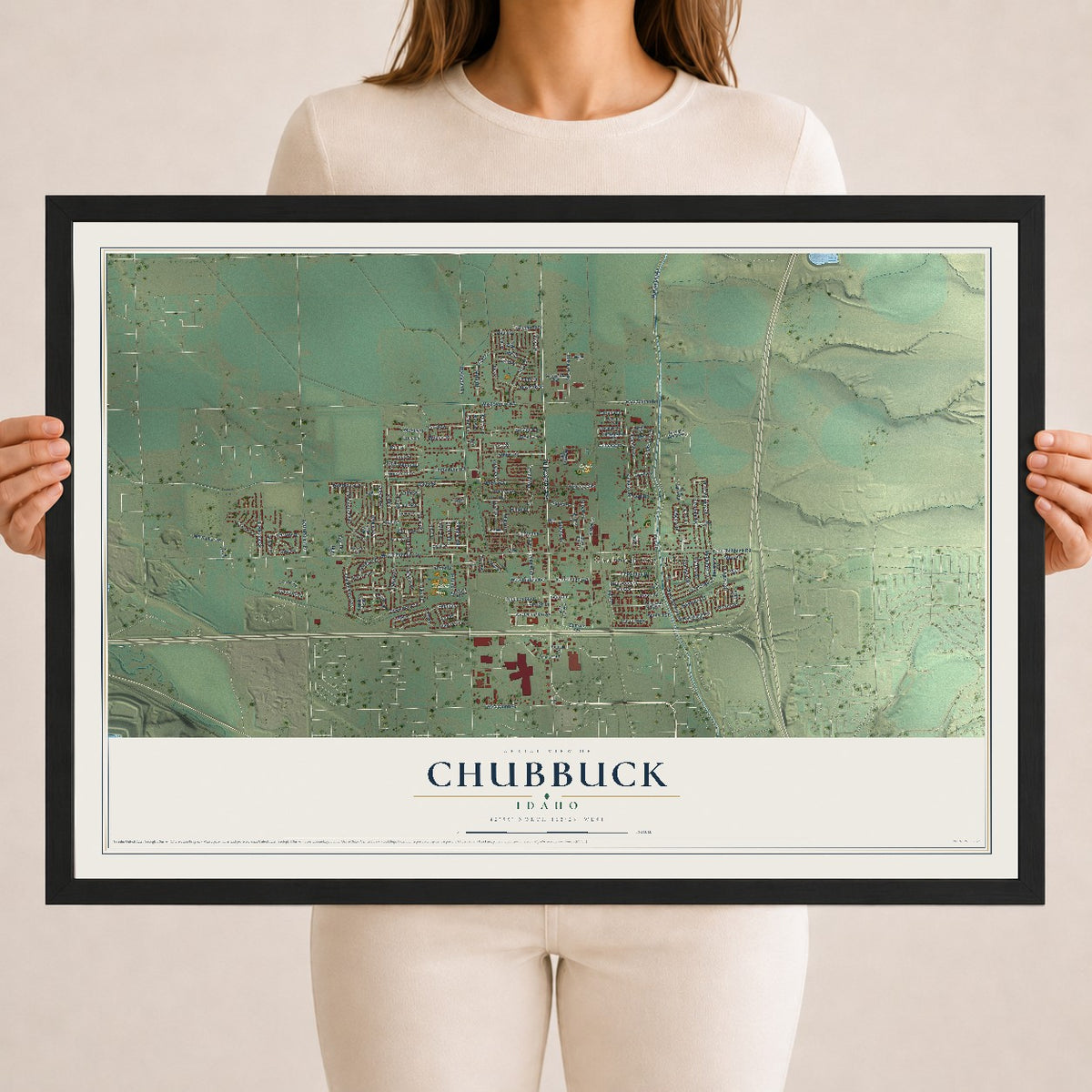 Map of Chubbuck, Idaho, 18 x 24 inch print in a black wood frame