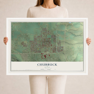 Map of Chubbuck, Idaho, 24 x 36 inch print in a white wood frame
