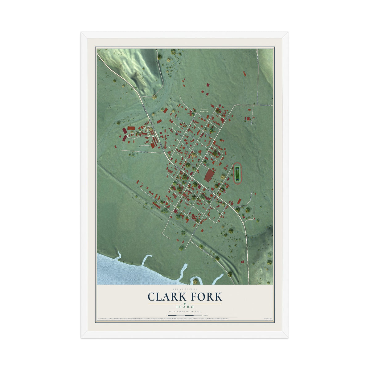 Map of Clark Fork, Idaho, 12 x 18 inch print in a white wood frame