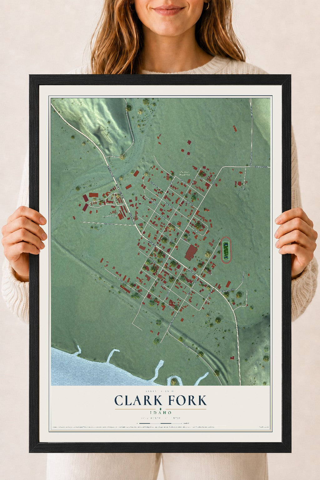 Map of Clark Fork, Idaho, 18 x 24 inch print in a black wood frame