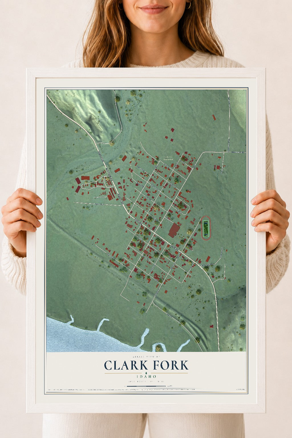 Map of Clark Fork, Idaho, 18 x 24 inch print in a white wood frame