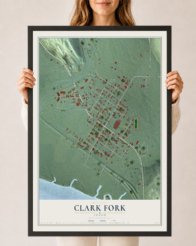 Map of Clark Fork, Idaho, 24 x 36 inch print in a black wood frame