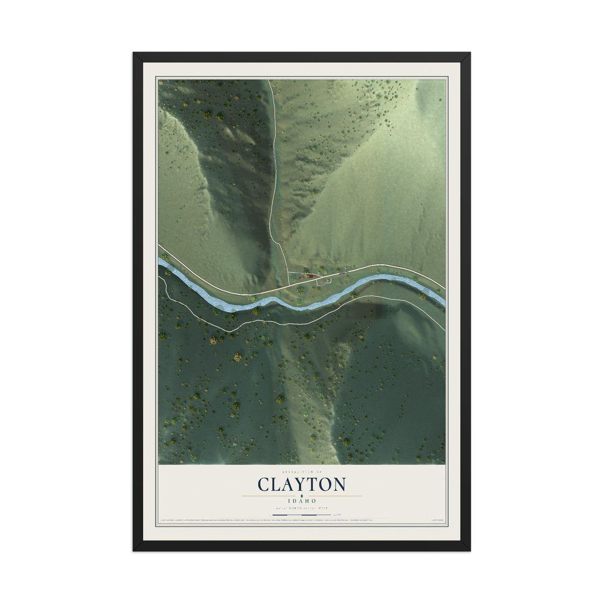 Map of Clayton, Idaho, 12 x 18 inch print in a black wood frame