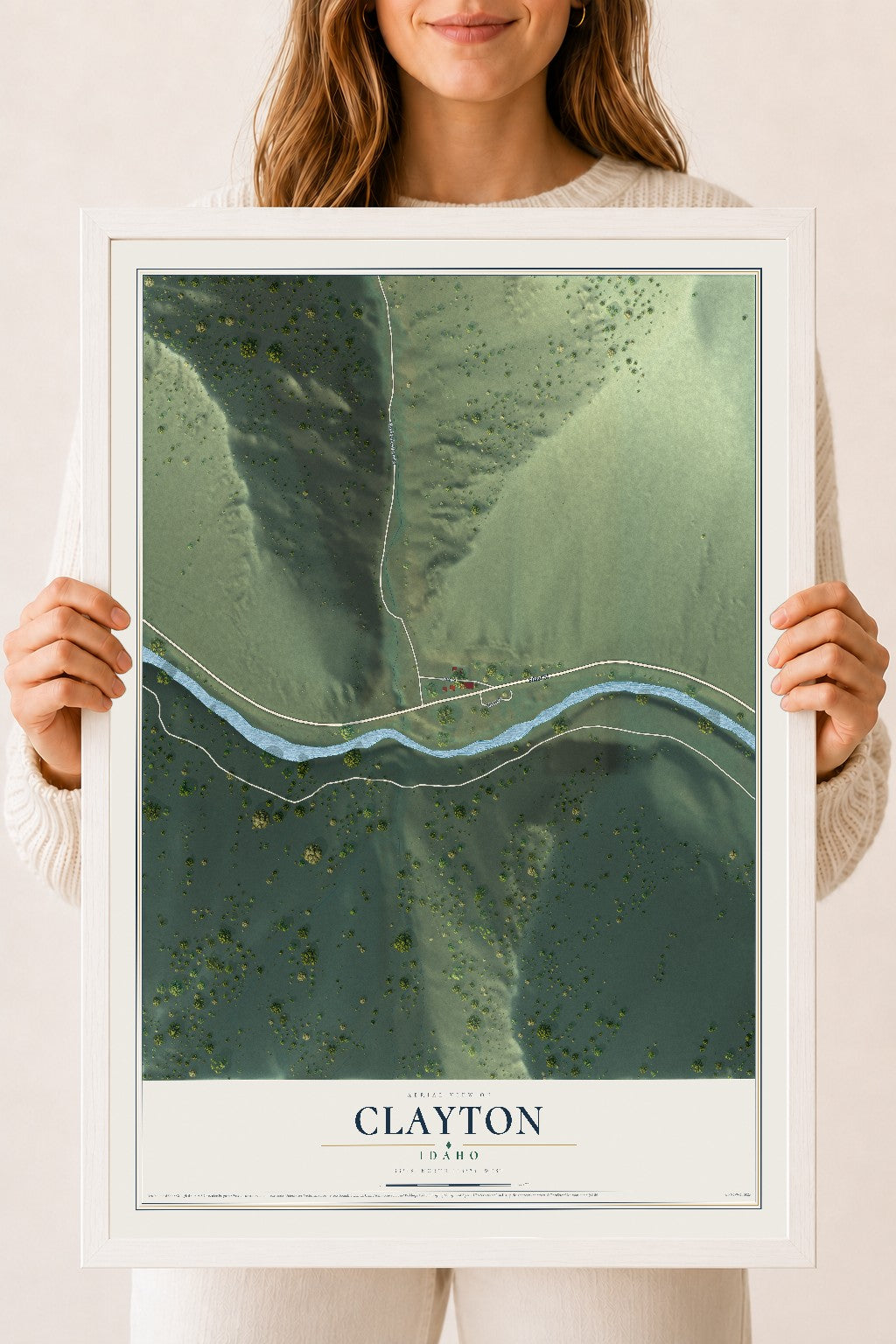 Map of Clayton, Idaho, 18 x 24 inch print in a white wood frame