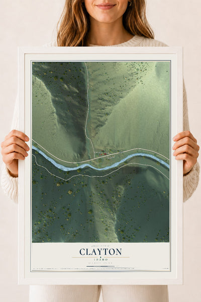 Map of Clayton, Idaho, 18 x 24 inch print in a white wood frame