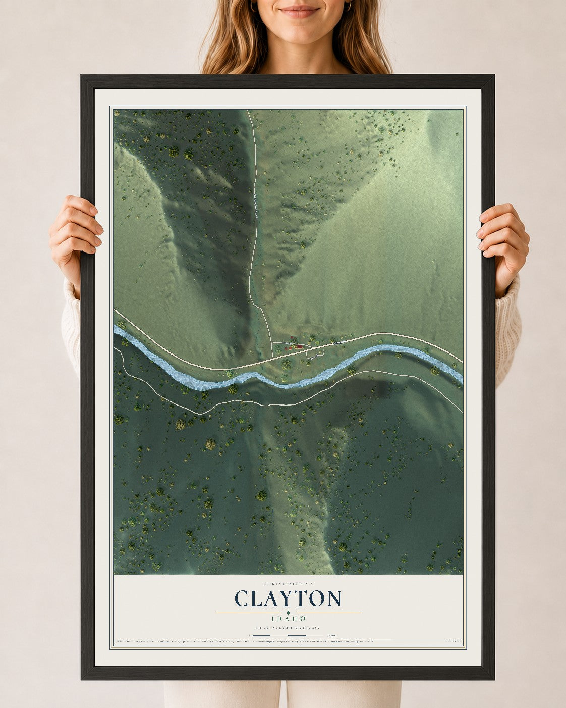 Map of Clayton, Idaho, 24 x 36 inch print in a black wood frame