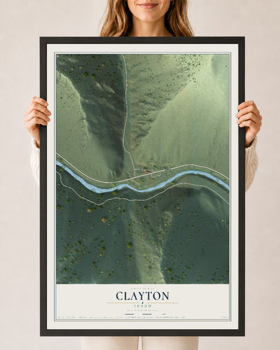 Map of Clayton, Idaho, 24 x 36 inch print in a black wood frame