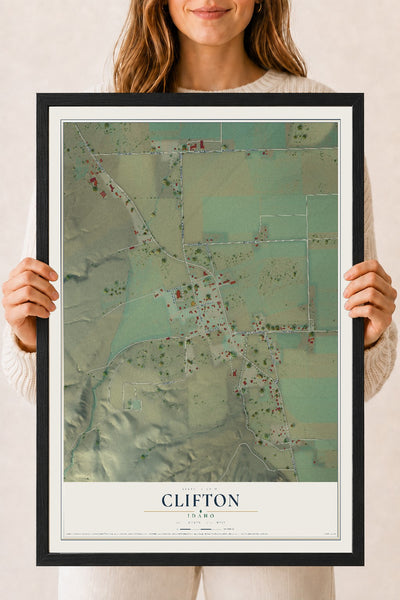 Map of Clifton, Idaho, 18 x 24 inch print in a black wood frame