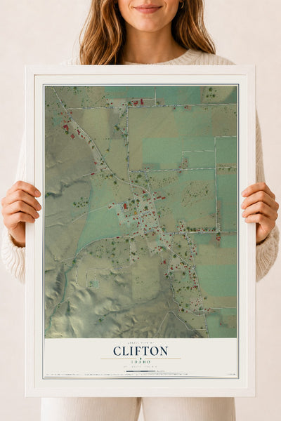 Map of Clifton, Idaho, 18 x 24 inch print in a white wood frame