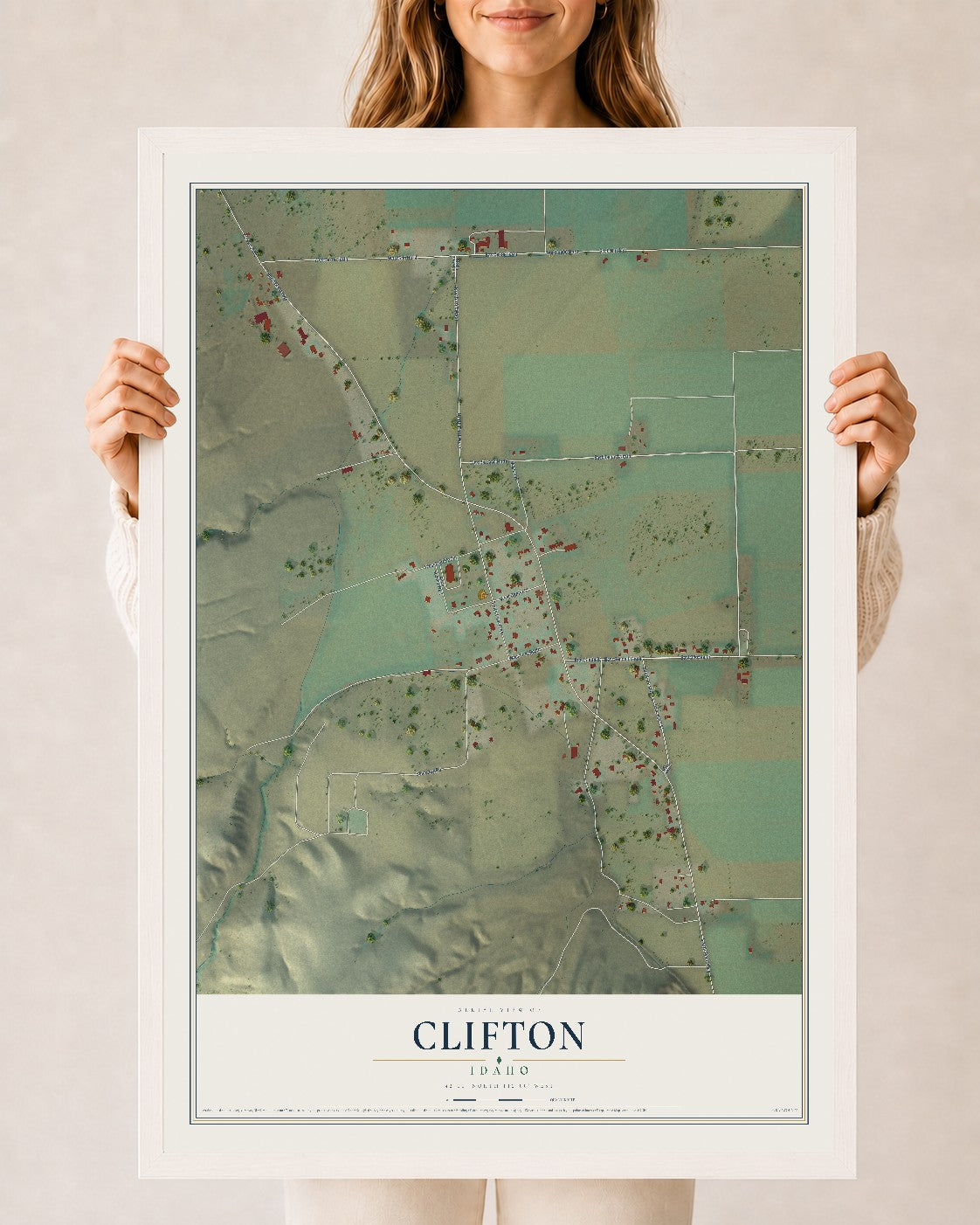 Map of Clifton, Idaho, 24 x 36 inch print in a white wood frame