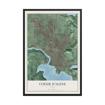 Map of Coeur d'Alene, Idaho, 12 x 18 inch print in a black wood frame