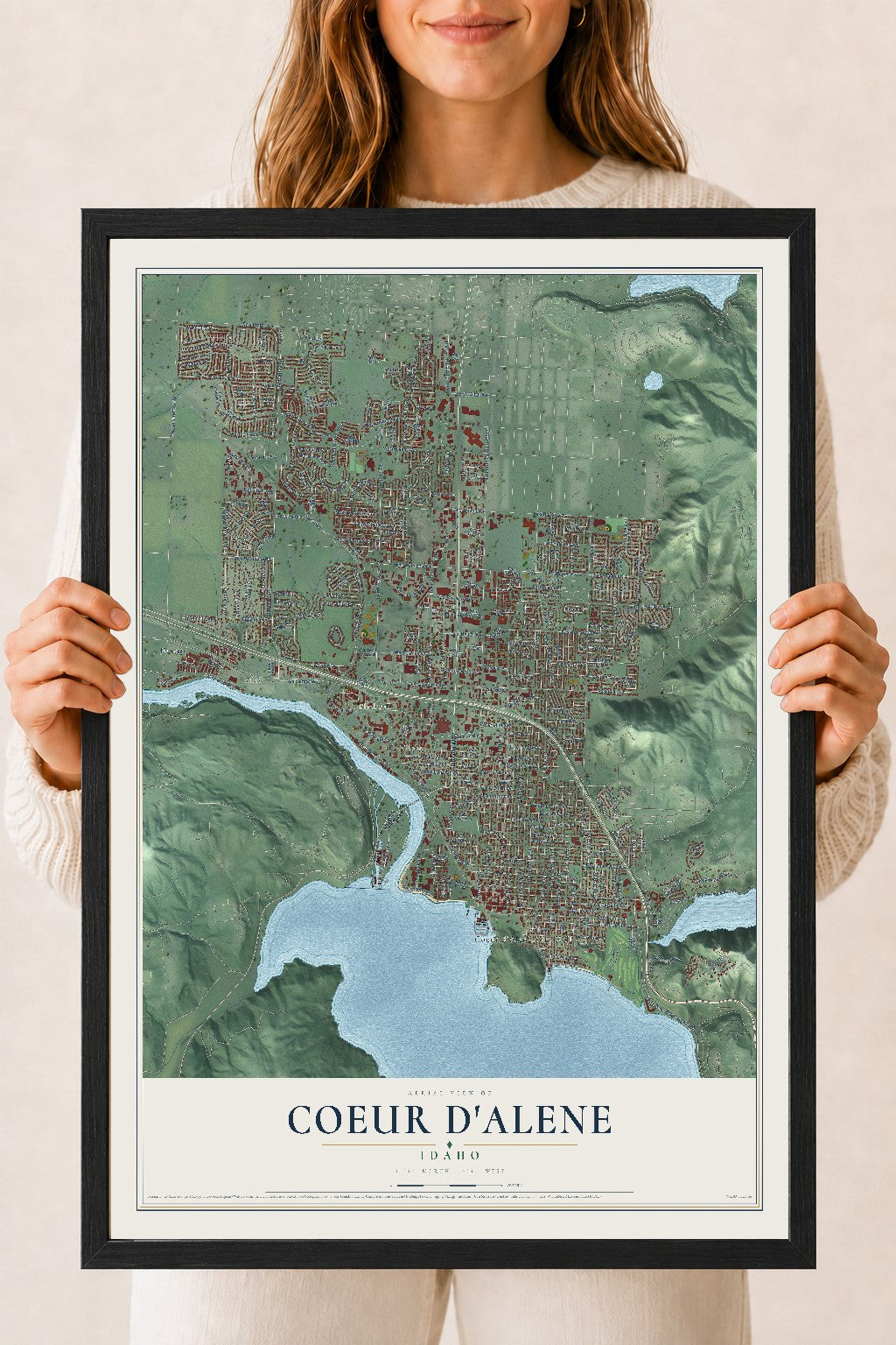 Map of Coeur d'Alene, Idaho, 18 x 24 inch print in a black wood frame