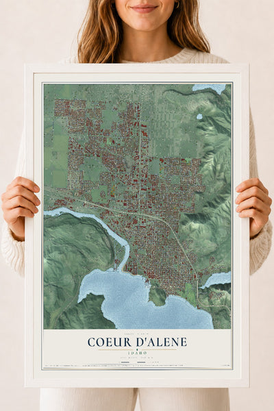 Map of Coeur d'Alene, Idaho, 18 x 24 inch print in a white wood frame