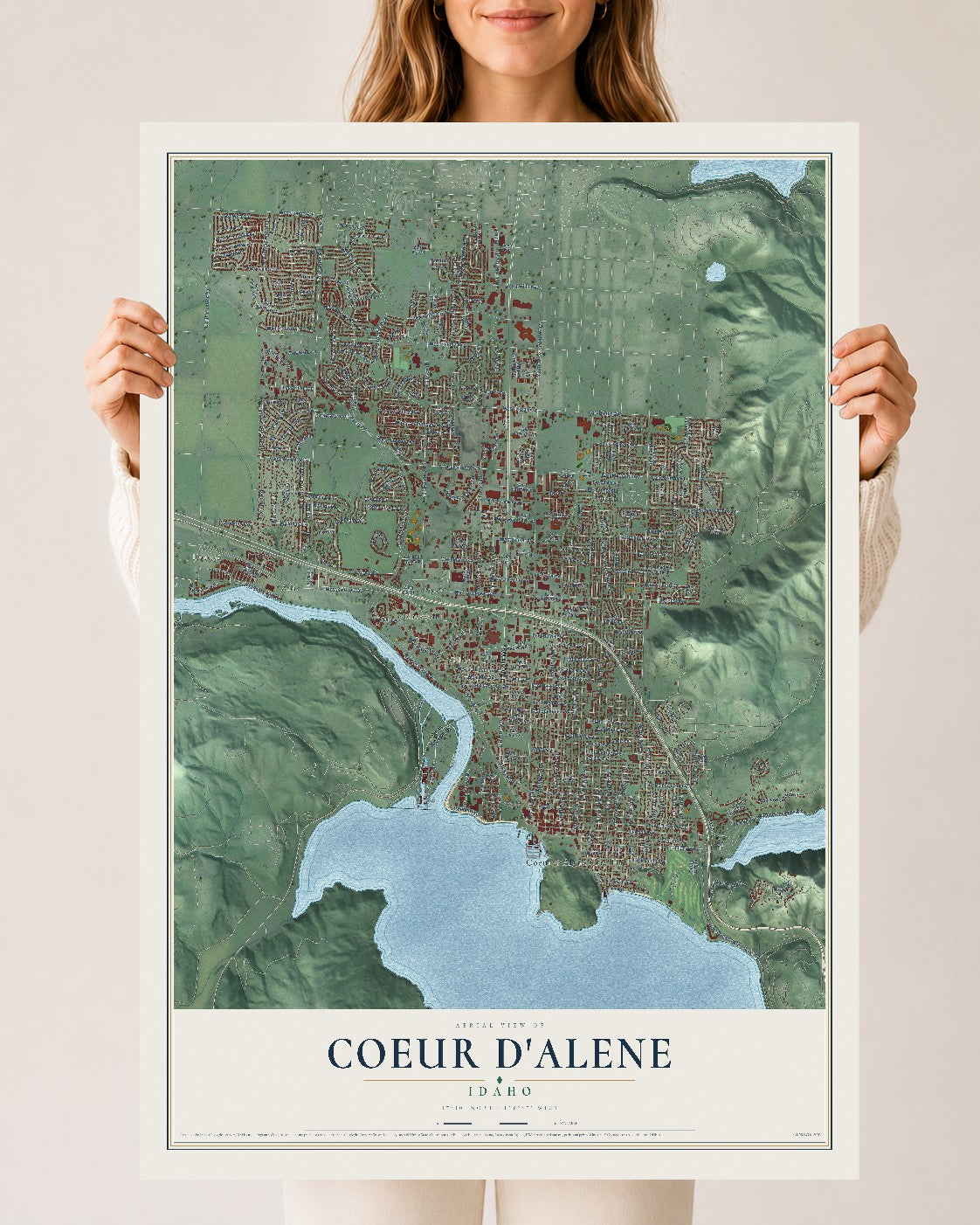 Map of Coeur d'Alene, Idaho, 24 x 36 inch unframed archival matte print
