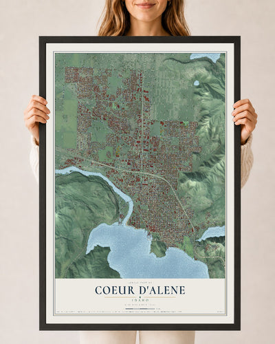 Map of Coeur d'Alene, Idaho, 24 x 36 inch print in a black wood frame