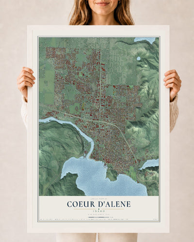 Map of Coeur d'Alene, Idaho, 24 x 36 inch print in a white wood frame