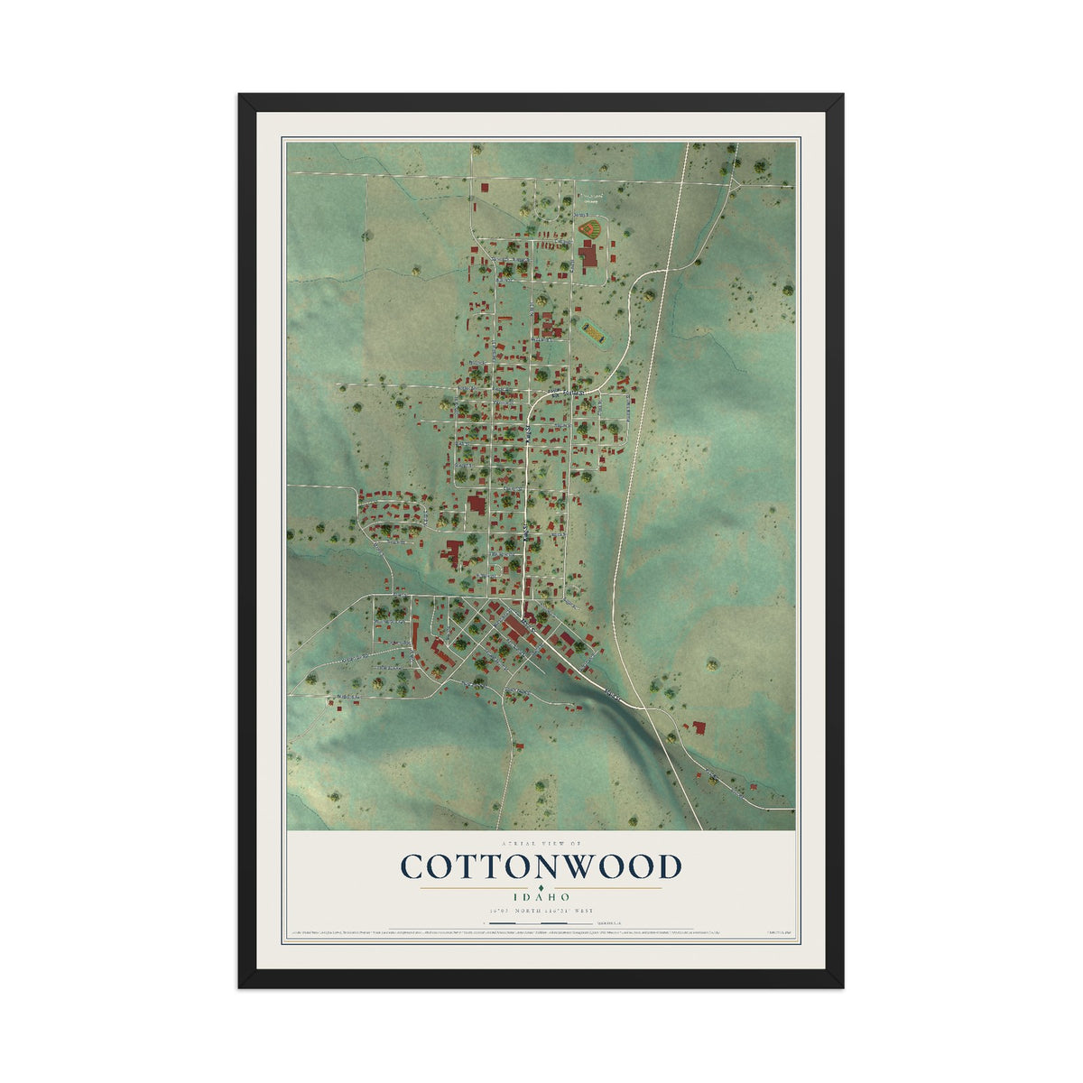 Map of Cottonwood, Idaho, 12 x 18 inch print in a black wood frame