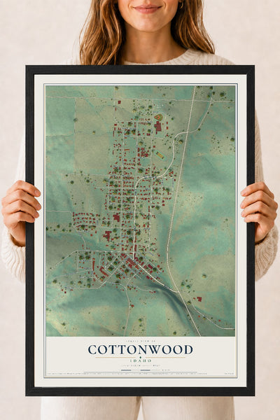 Map of Cottonwood, Idaho, 18 x 24 inch print in a black wood frame