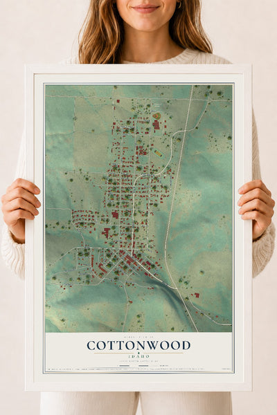 Map of Cottonwood, Idaho, 18 x 24 inch print in a white wood frame
