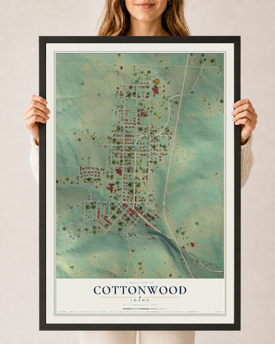 Map of Cottonwood, Idaho, 24 x 36 inch print in a black wood frame