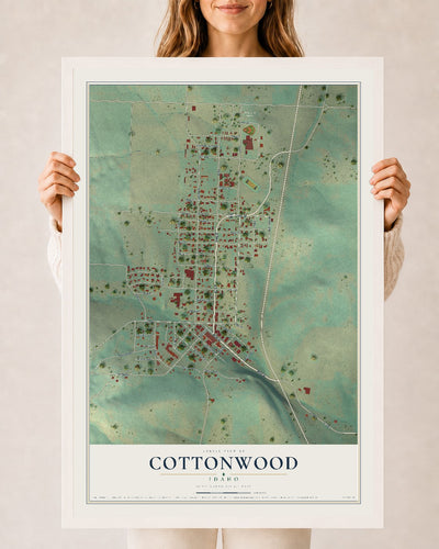Map of Cottonwood, Idaho, 24 x 36 inch print in a white wood frame