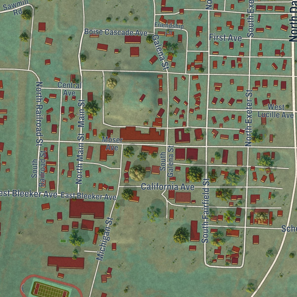 Close-up of the map of Council, Idaho print showing street and building detail