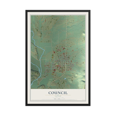 Map of Council, Idaho, 12 x 18 inch print in a black wood frame