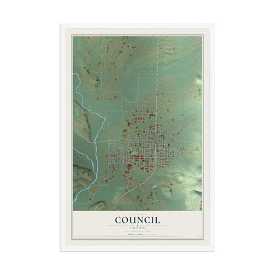 Map of Council, Idaho, 12 x 18 inch print in a white wood frame