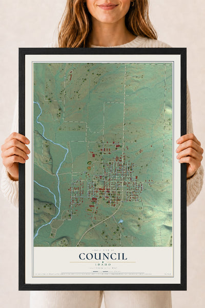 Map of Council, Idaho, 18 x 24 inch print in a black wood frame