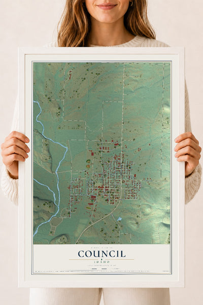 Map of Council, Idaho, 18 x 24 inch print in a white wood frame
