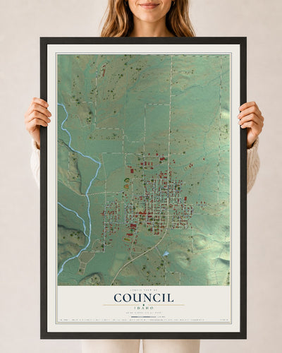 Map of Council, Idaho, 24 x 36 inch print in a black wood frame