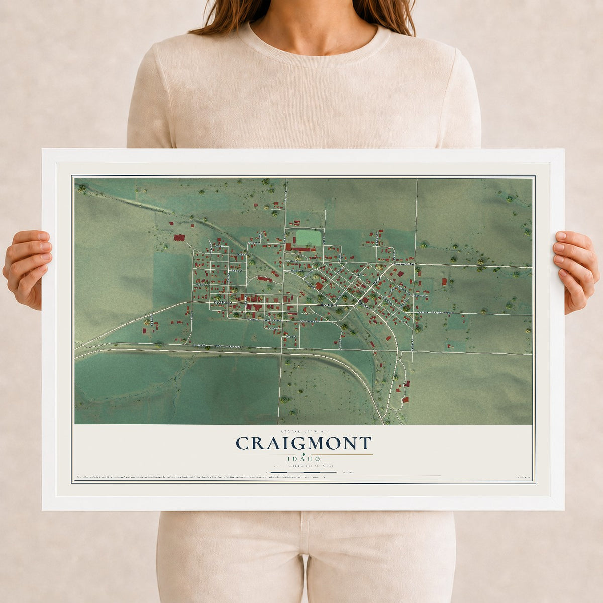 Map of Craigmont, Idaho, 12 x 18 inch print in a white wood frame