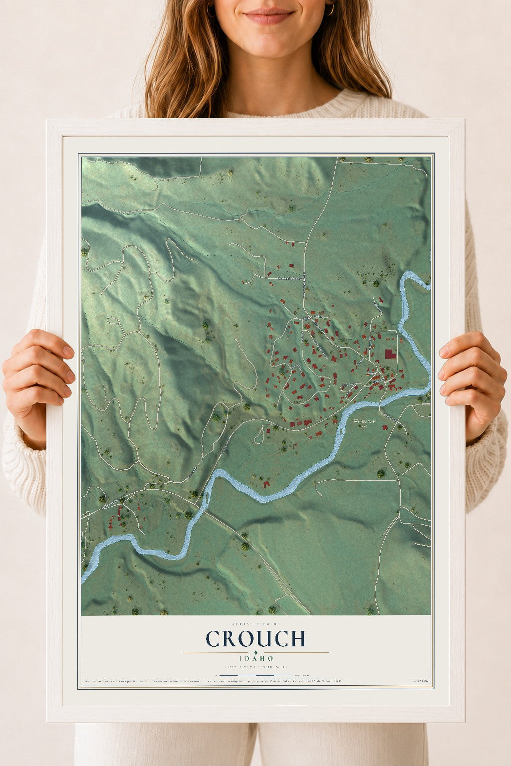 Map of Crouch, Idaho, 18 x 24 inch print in a white wood frame