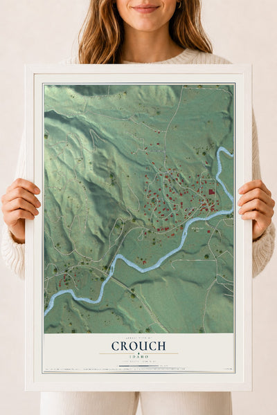 Map of Crouch, Idaho, 18 x 24 inch print in a white wood frame