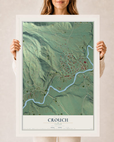 Map of Crouch, Idaho, 24 x 36 inch print in a white wood frame