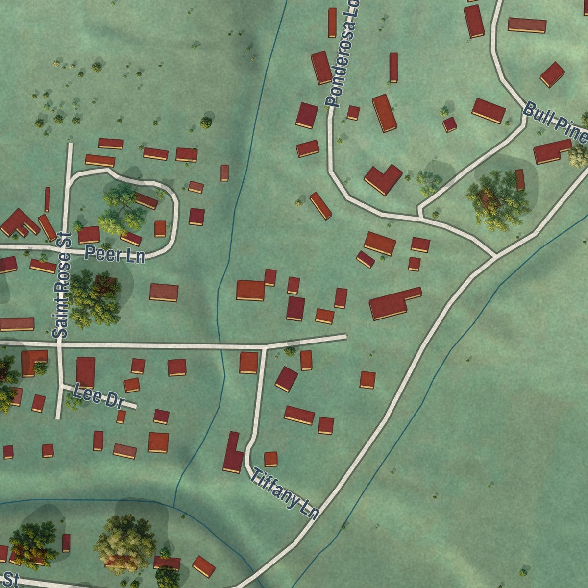 Close-up of the map of Culdesac, Idaho print showing street and building detail