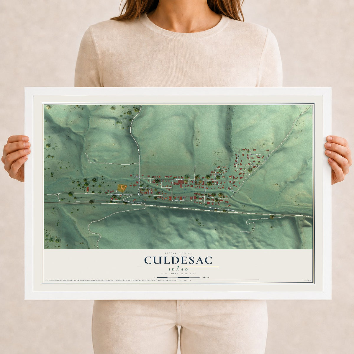 Map of Culdesac, Idaho, 12 x 18 inch print in a white wood frame