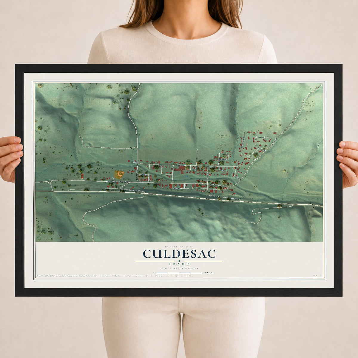 Map of Culdesac, Idaho, 18 x 24 inch print in a black wood frame